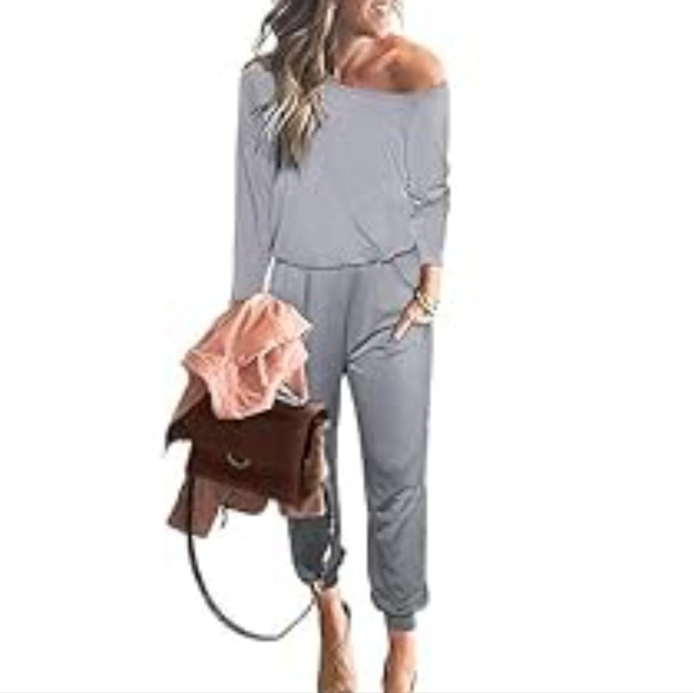 Women's Casual Long Sleeve Jumpsuit Crewneck Off Shoulder Elastic Waist Stretchy - Picture 1 of 7